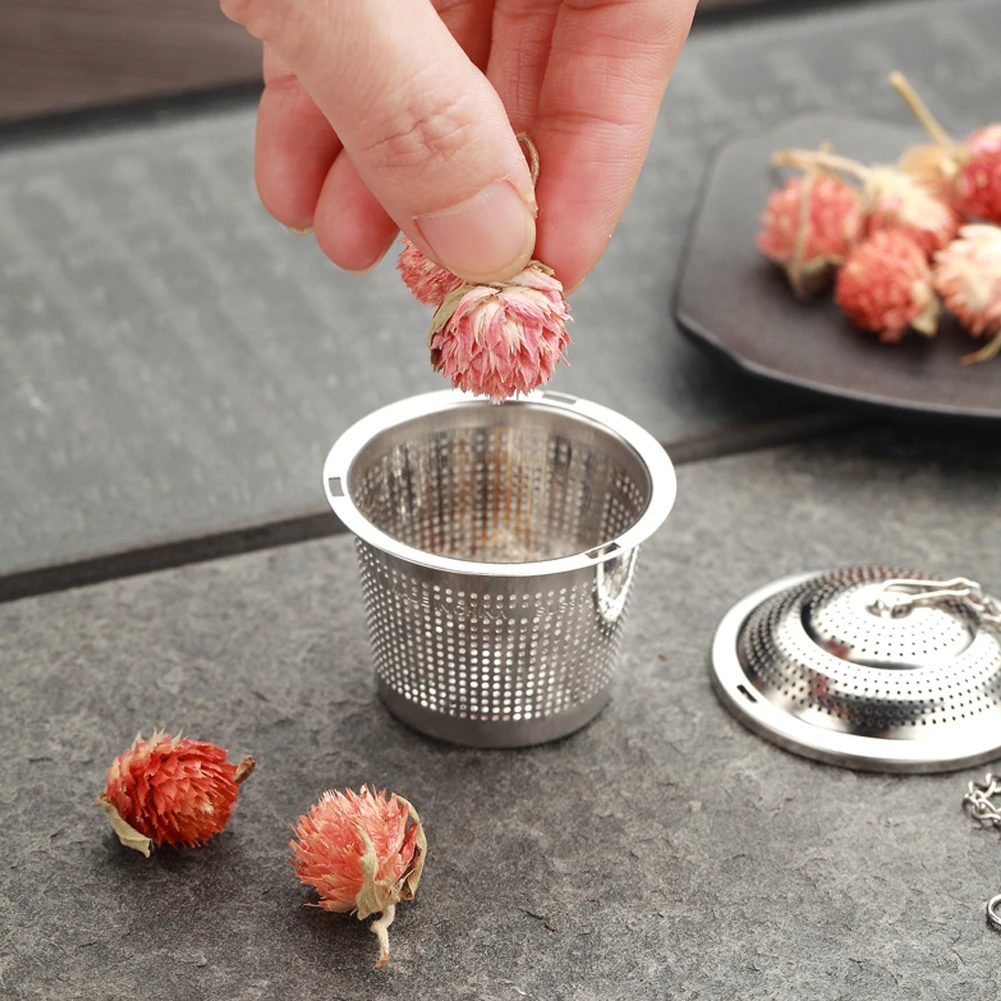 

Stainless Steel Tea Infuser Mesh Filter Strainer Loose Tea Leaf Spice Threaded Lid With Extended Chain Hook Kitchen Accessorie