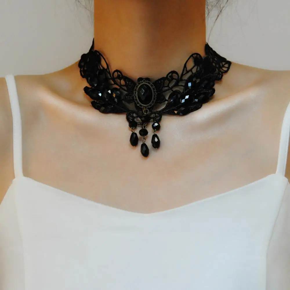 

New Collares Sexy Gothic Chokers Crystal Black Lace Neck Choker Necklace Vintage Victorian Women Chocker Steampunk Jewelry