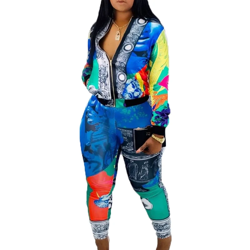 

Lady 2 Piece Set Runway Women Print Designer Long Sleeve Jacket Tops + Elastic Waist Pencil Pants Two Piece Set Suit Streetwear