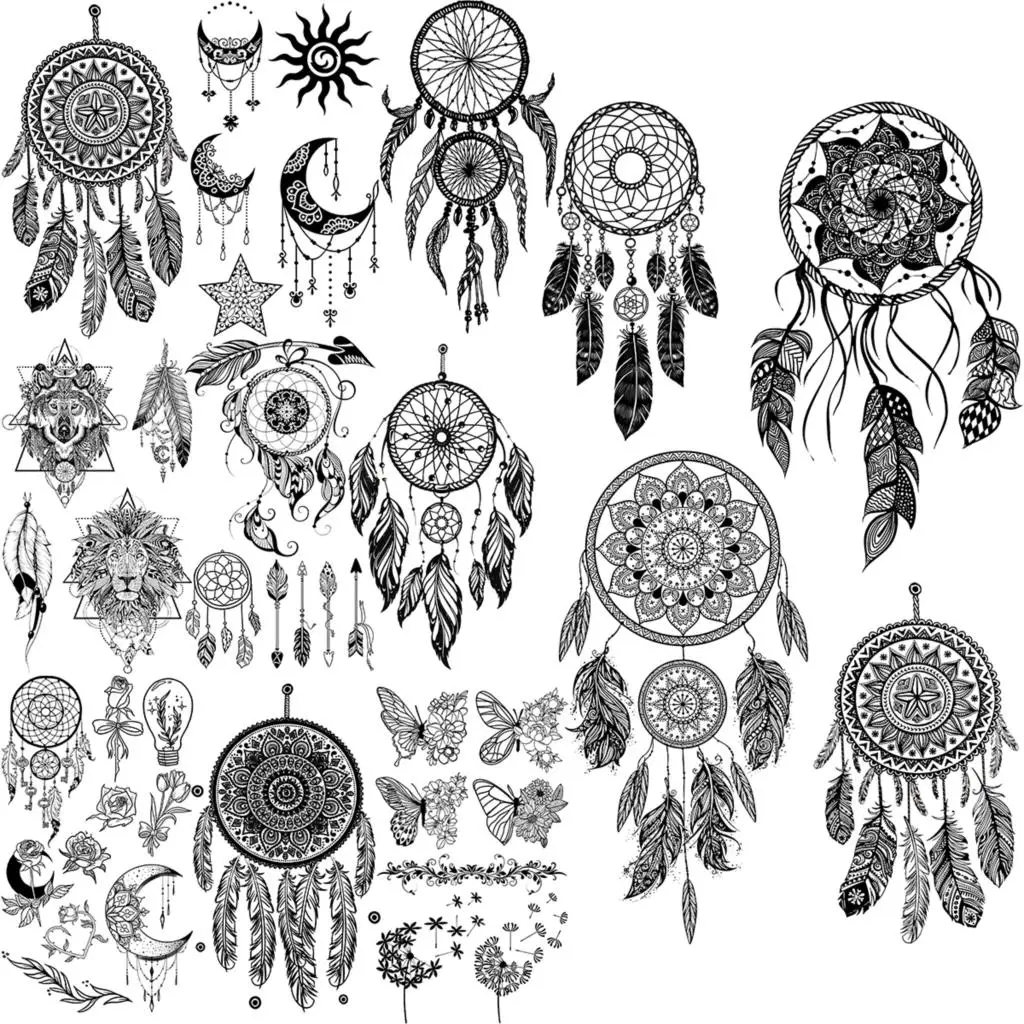 

Черные Временные татуировки Ловец снов для женщин и девушек, реалистичные перо, луна, солнце, стрела, искусственная татуировка, наклейка, та...