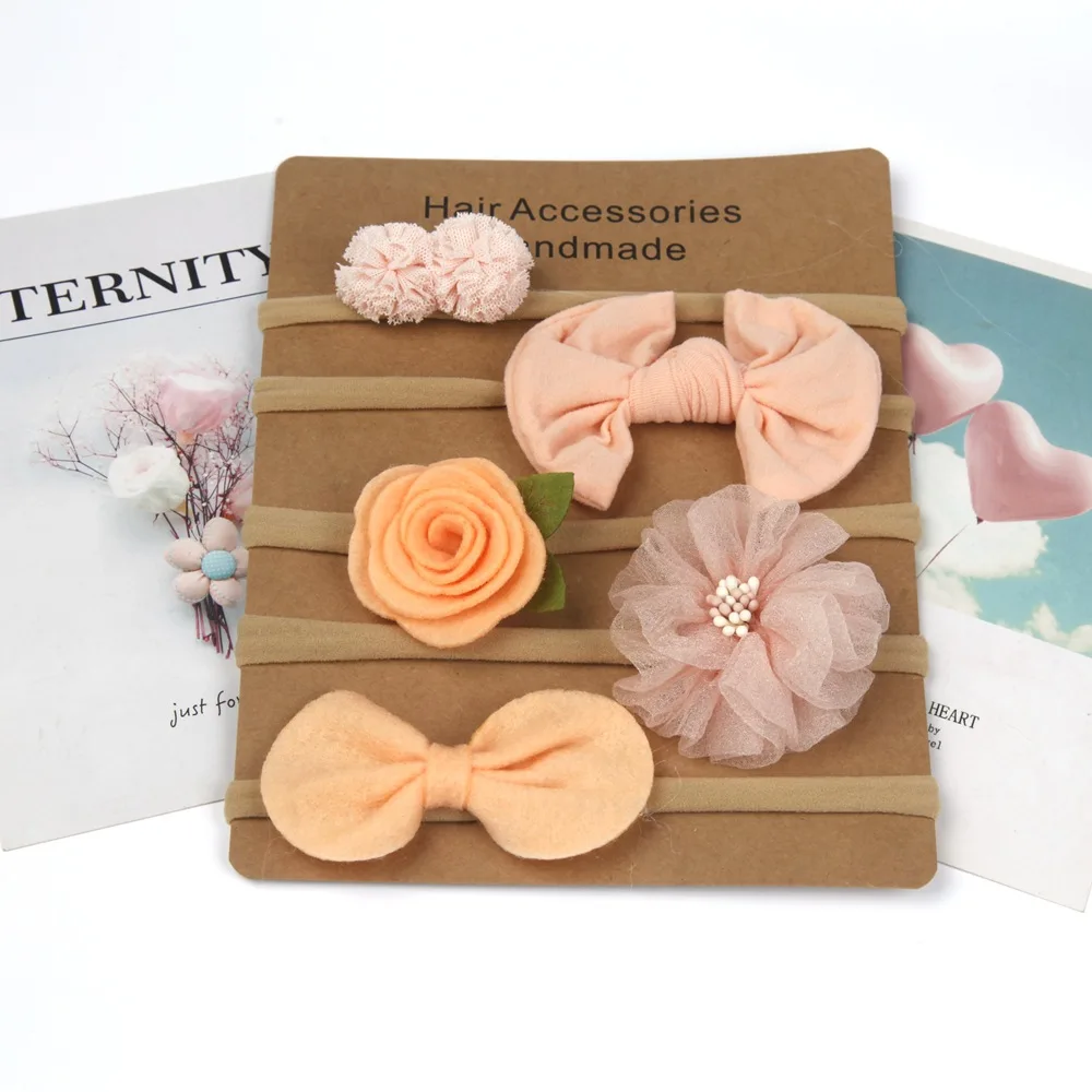 5Pcs/lot Baby Headbands Bows Flower Nylon Headband Children Hair Band Hair Bowknot Set Baby Hair Accessories Photography Props