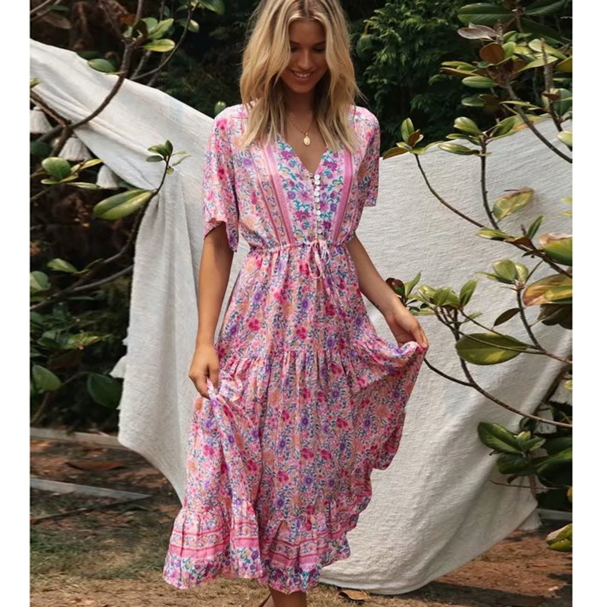 Розовое богемное шикарное Сексуальное Платье макси с цветочным принтом коротким