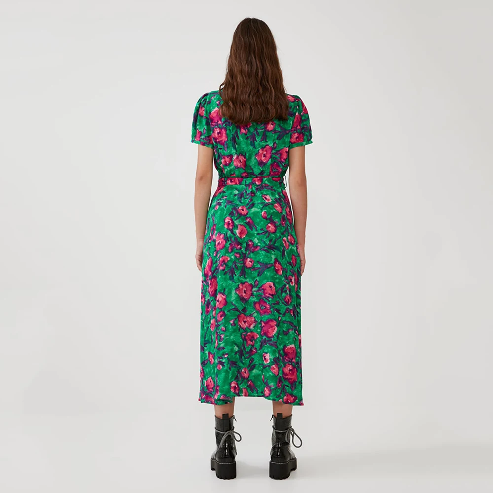 2019 ZA женское платье с принтом круглым воротником и разрезом сбоку коротким