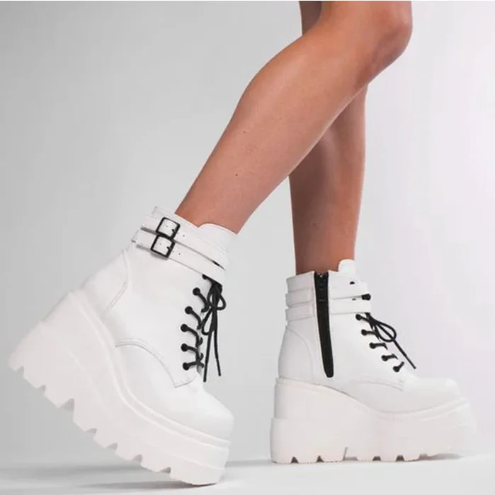 

Winter Fashion High Platform Boots Leather High Wedges Ankle Boots Women 2021 New Female Punk Style High Heels Shoes for Woman