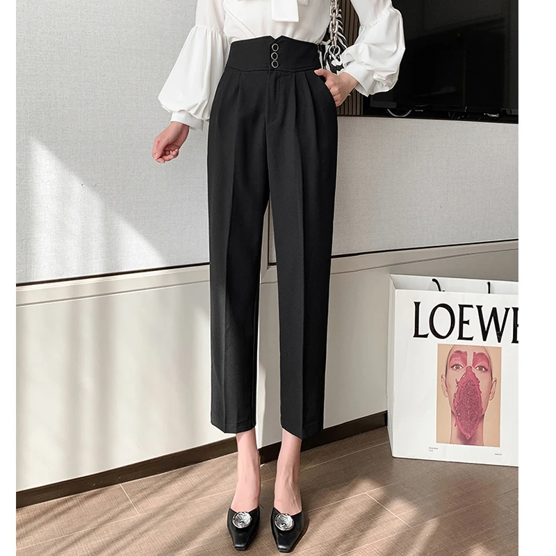 

#3108 Spring Summer High Waist Buttons Women Suit Pants Casual Ankle-length Harem Pants Chic Ladies Solid Trousers 2021
