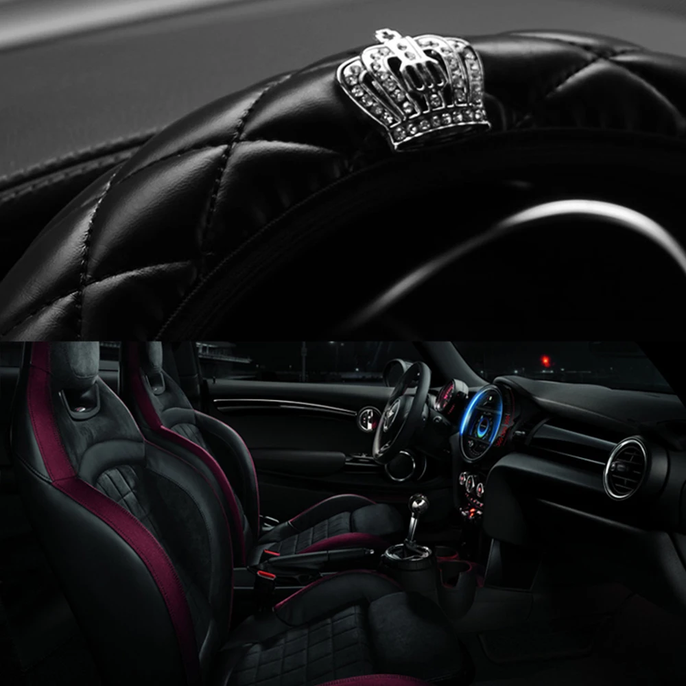 

Crystal Crown Auto Steering- wheel Cover PU Leather Car-styling Steering Wheel Cover 37-38CM Diameter Car Interior Accessories
