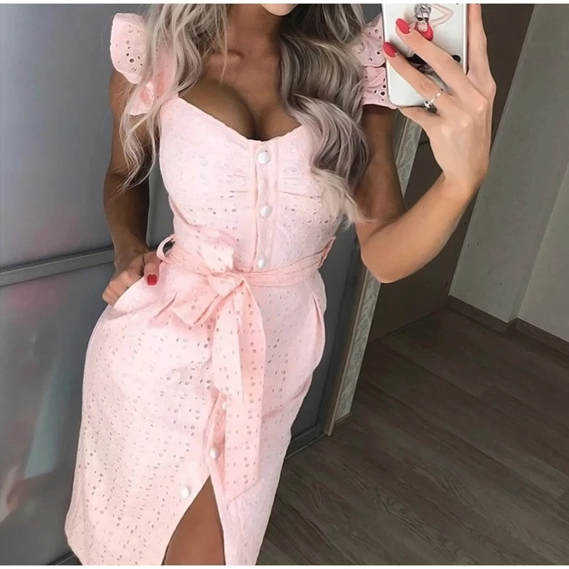 

Women Dress Lace Up Sexy Midi Vestidos Ruffles Trumpet Sleeve Bodycon Female Dresses 2021 Embroidered Square Neck Button Hollow