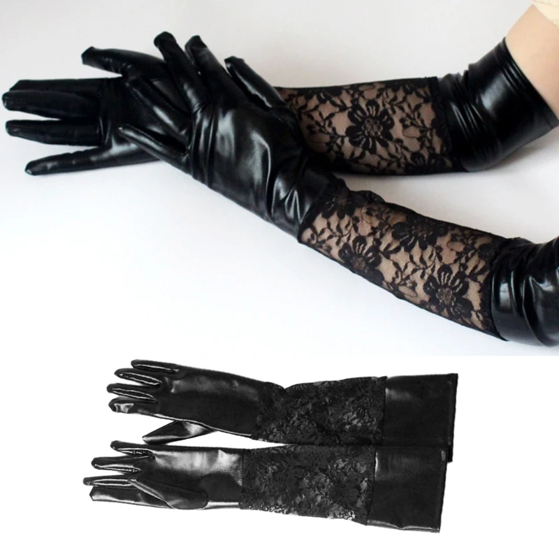 

Women Faux Patent Leather Floral Lace Patchwork Black Full Finger Long Gloves M68C