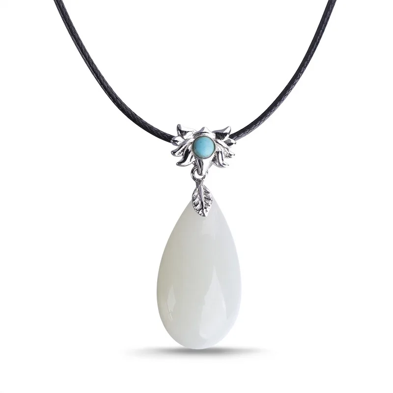 

national style necklace female Belt Certificate 925 silver inlaid natural turquoise water drop Hetian jade pendant