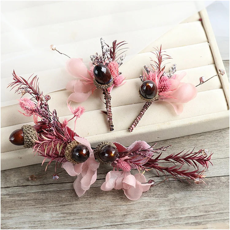 Розово-красный натуральный высушенный шишка головной убор наборы шпилек для