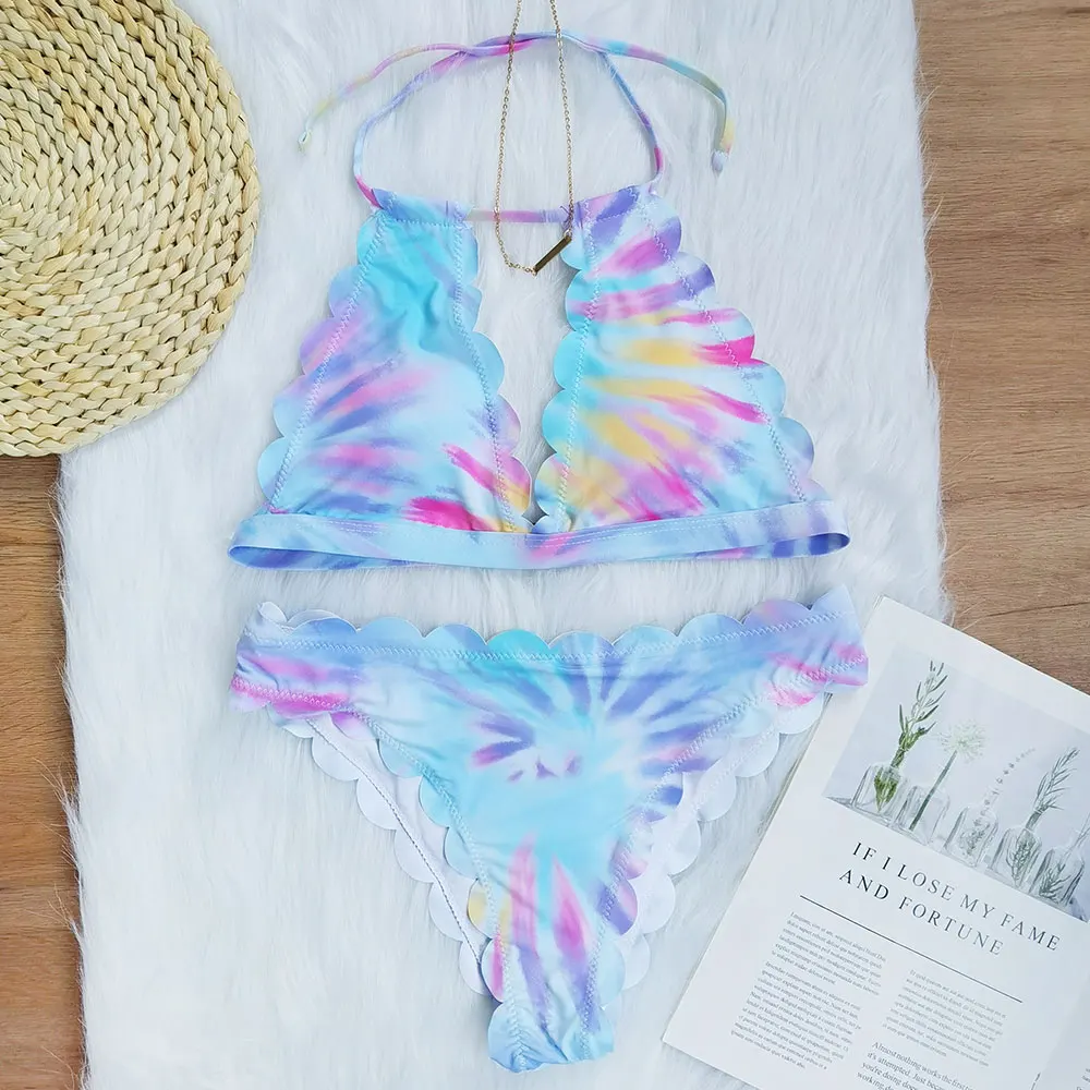 

Women's Tie-dye halter crop top High Waisted floral Tankini Set Swimsuit