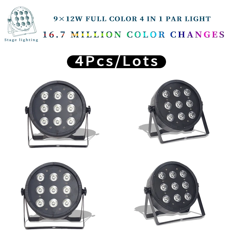 

4pcs/lots 9x12W Flat LED Par Lights, 9*12w RGBW 4IN1 PAR DMX512 control disco lights professional stage DJ equipment