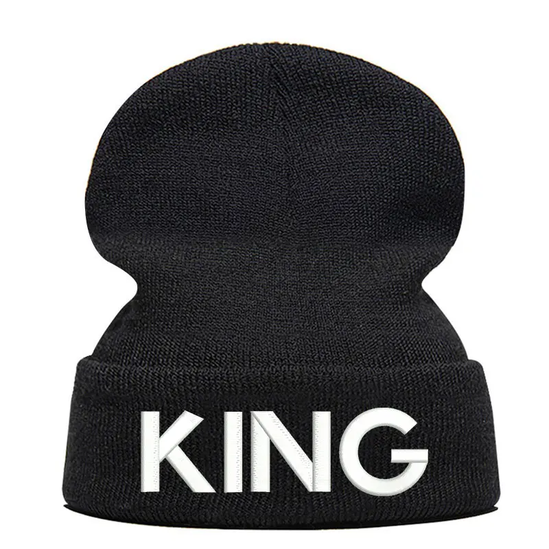 King Letter Beanie Hat Skullie шапка, вязаная шапка-носок зимняя Осенняя вязаная вышивка Кепка в стиле хип-хоп Мужская и женская Подростковая Кепка для уличных танцев черная