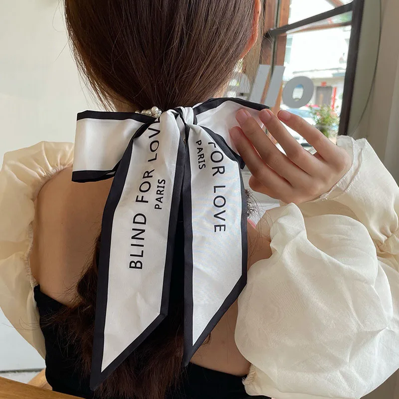 

Fashio Letter Print Bow Satin Scrunchies long Hair Ribbon Ponytail Scarf Pearl Elastic Hair Bands Women Girls Hair Accessories