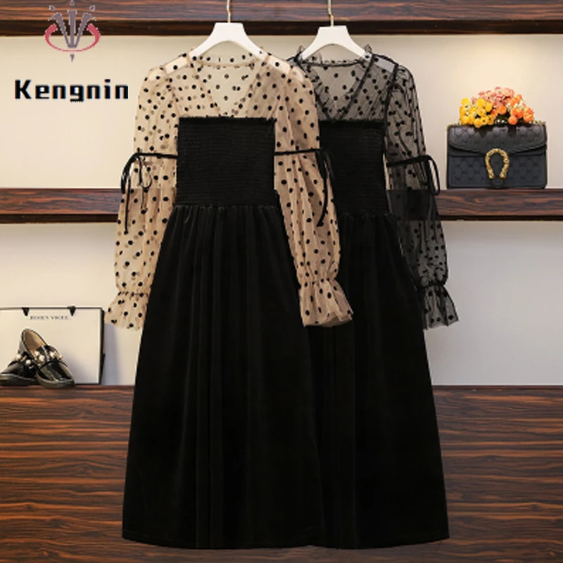 

Loose Oversized Women Sexy Party Dresses Autumn Winter Thick Evening Dress Dot Print Patchwork Velvet Warm Lady Vestidos KE1980