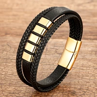 punk style multilayer braid leather bracelet for men stainless steel magnetic clasp bracelets male wristband jewelry accessories