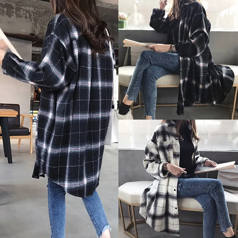 

Autumn Fashion Korean Style Casual Retro Loose Plaid Long Style Long Sleeve Shirt Top 2020