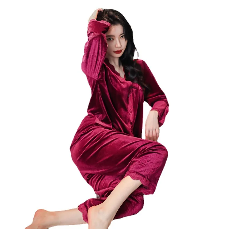 Women Velvet Pajama Set Elegant Glossy Velour Lace Sleepwear Long Sleeve Top and Pants Nightwear Ladies Homewear loungewear