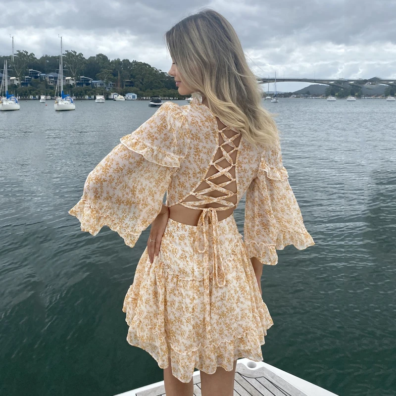 

Ardm V Neck Floral Print Backless плаел енее2021 Chiffon Dresses Ruffled Puff Sleeves Party Mini Dress Sweet Princess Dress