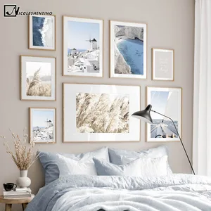 Эгейское море Санторини ветряная мельница пейзаж живопись путешествия плакат холст печать скандинавский настенное искусство картина современный декор для гостиной