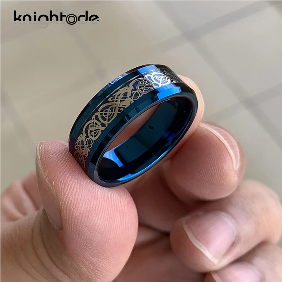 Обручальное кольцо из голубого карбида вольфрама 8 мм с серебристым