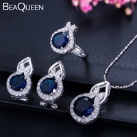 beaqueen trendy women silver plated engagement jewelry round blue sapphire cubic zirconia necklace earring and ring set js012