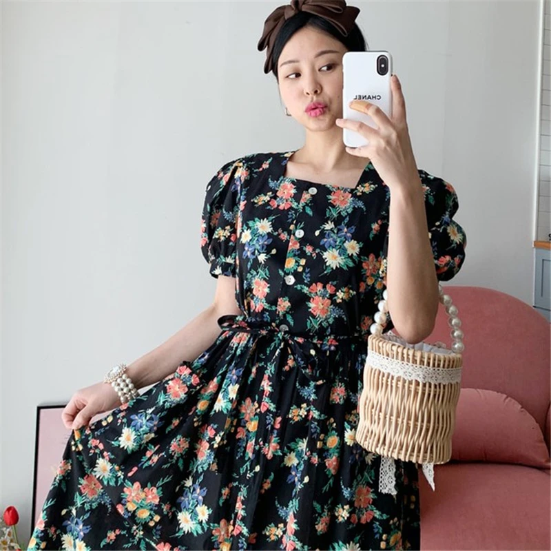 

New Vintage Floral Print Maxi Dress Women Sexy Print Puff Sleeve Square Neck Dress Casual Shirt Dresses Robe Y848