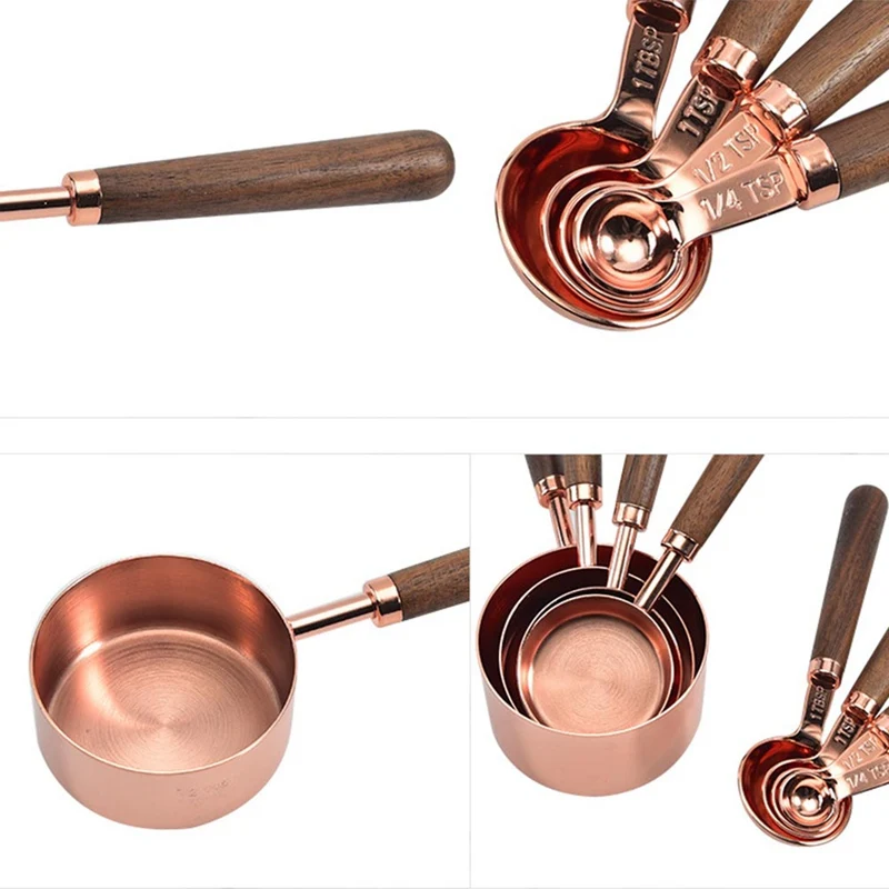 

4pcs Rose Gold Stainless Steel Copper Plateing Measuring Cups Spoon Set Walnut Wood Handle For Kitchen Dining Bar Baking Tools