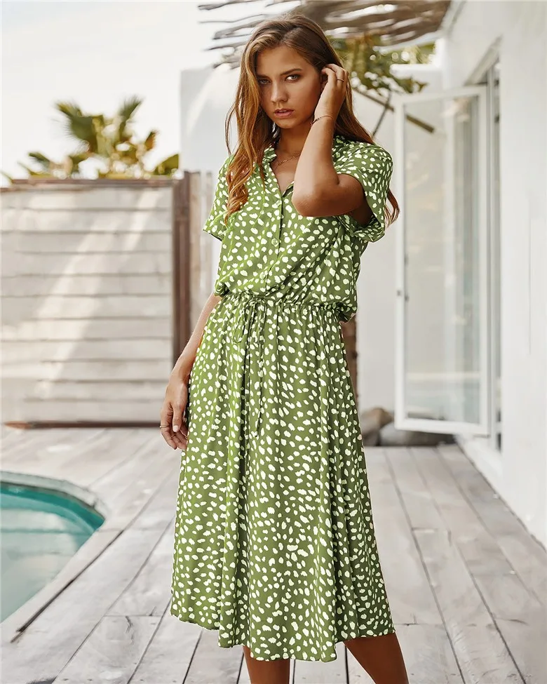 

Модное женское платье-рубашка в стиле бохо с леопардовым принтом, женское повседневное праздничное летнее платье миди, женские пляжные пла...