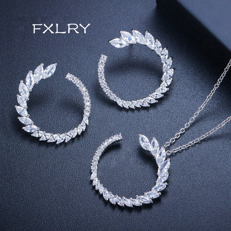 

FXLRY New Design White Color Cubic Zircon Round Whirlwind Shape Necklaces And Earring Jewelry Set Fashionable Bijoux Party