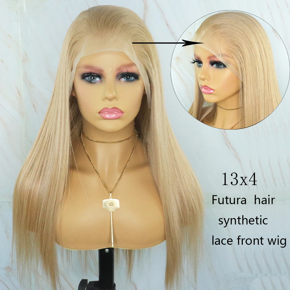 103# Honey Blonde Futura Hair 13x4 Heat Resistant Synthetic Lace Front Wigs For Women Silky Straight Blonde Half Hand Tied Wigs