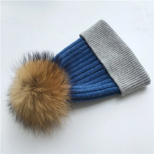 Blue-grey N Зимняя шапка, модная шапка с натуральным мехом, женские шапки с помпоном, кашемировый шерстяной вязаный берет, меховая шапка с помпоном, шапка с большим мехом енота - Цвет: Blue-grey N