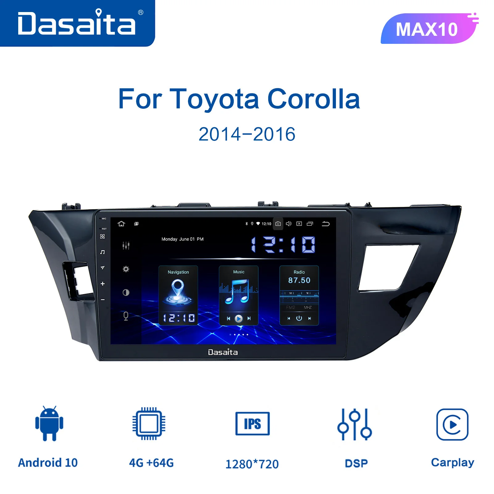 Мультимедийный автомобильный плеер Dasaita 10.2" Android 10 для Toyota Corolla 2014 2015 TDA7850 с мультитач-экраном 4 ГБ 2дин без DVD.