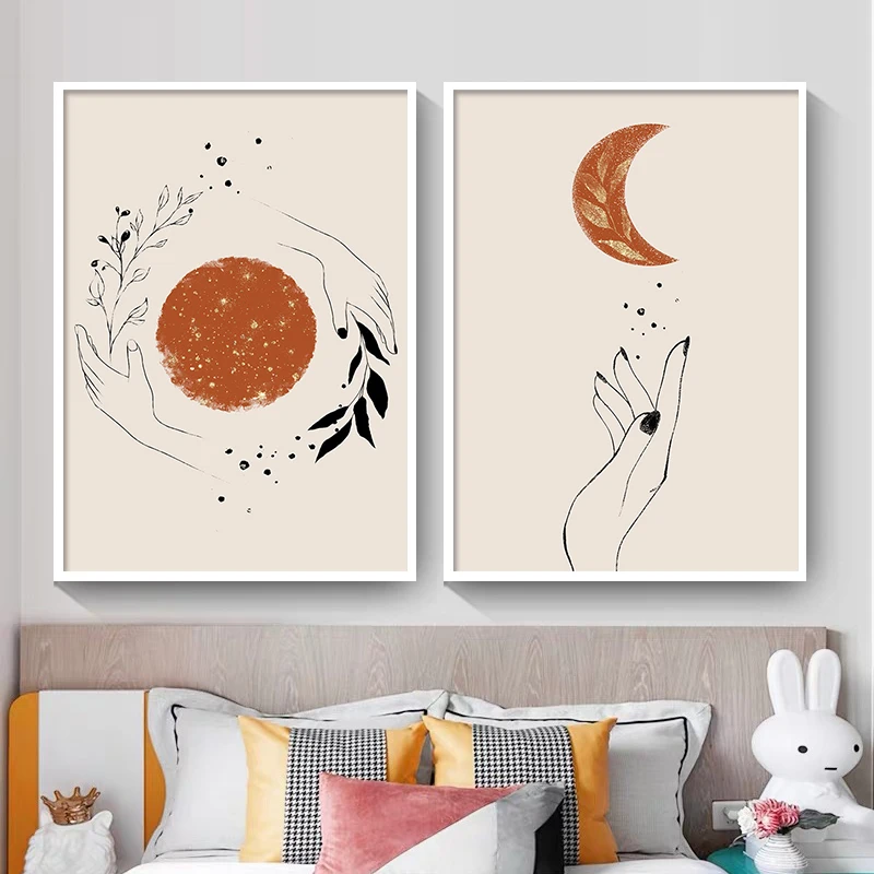 

Canvas Painting Abstract Mystic Hand Sun and Moon Scene Boho Nordic Prints and Posters Wall Art Pictures for Living Room Decor