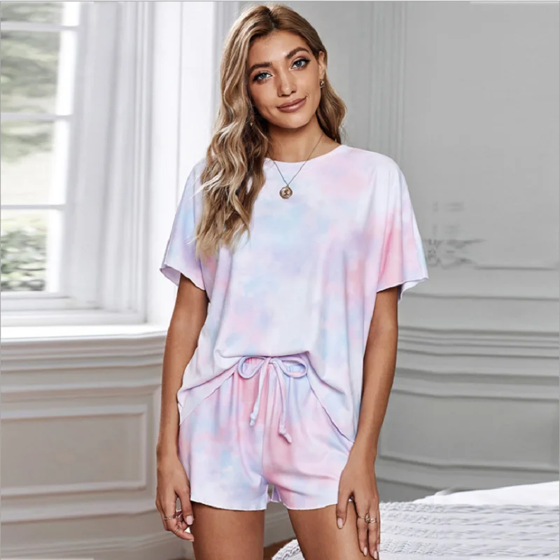 

Women's fashion two-piece pajamas tie dye printing ruffled short casual suit short sleeve top and shorts sports home wear