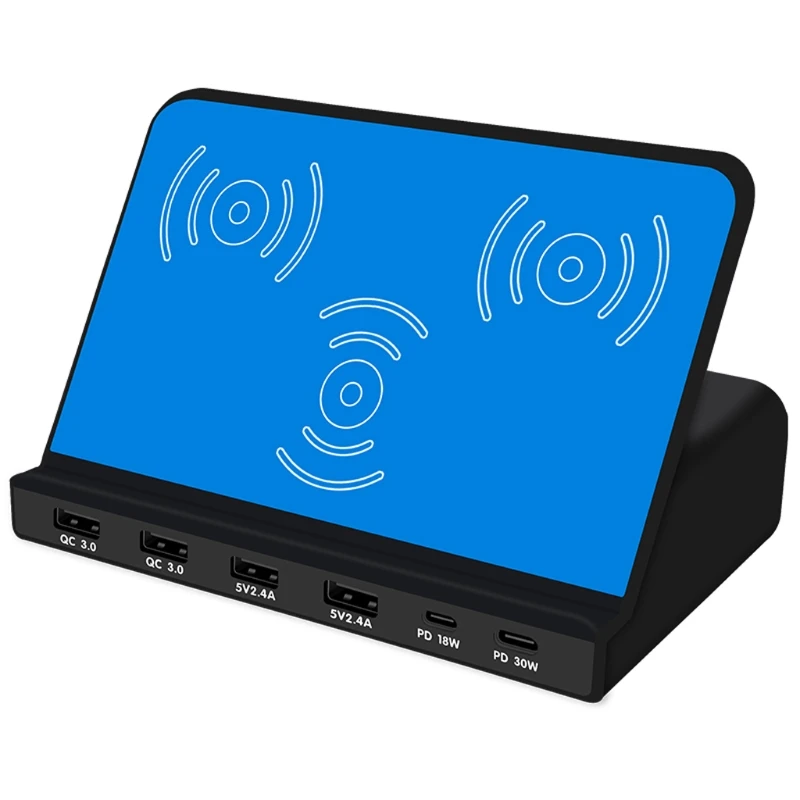 

Universal 6Ports 30W Type C PD QC3.0 USB Fast Charger 10W Dual Wireless Charger Station Stand for Laptop Cellphone Tablet