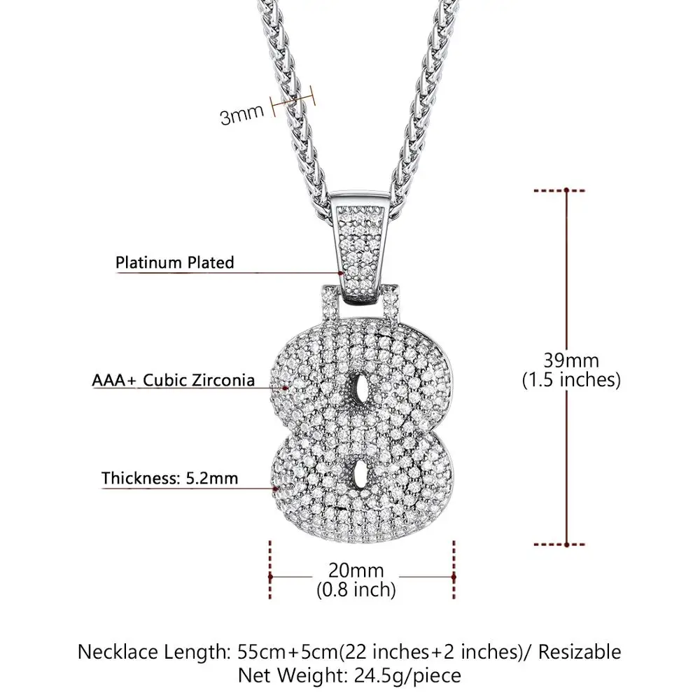 

U7 Bubble Numbers Necklace for Womens Men's Rhinestone CZ Pendant Necklace with 22" Spiga Chain Gold/Silver P1044