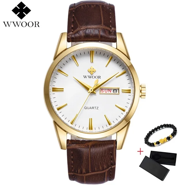 Gold White Роскошные мужские часы с датой на день, мужские кожаные спортивные часы, мужские повседневные кварцевые наручные часы WWOOR, часы в бесплатной коробке - Цвет: Gold White