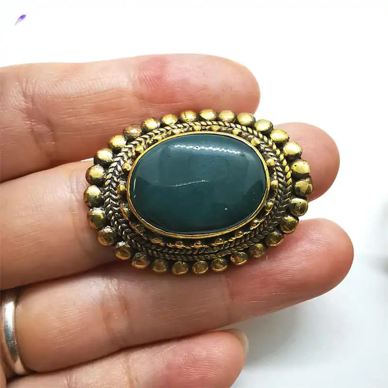 

Brass inlaid Natural Green Agate Big Golden Ring for Man Tibetan Jewelry R244