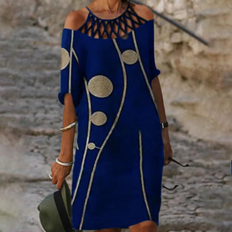 

Women Fashion Dress Floral Print Round Neck Summer Female Dress Loose Casual Half Sleeve Hollow Out Lady Dresses Woman Clothing