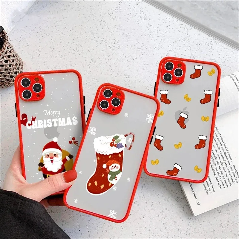

USLION Cartoon Christmas Pattern Case For iPhone 12 11 13 Pro Max XS Max XR X Mini 7 8 Plus Matte Bumper Shockproof Clear Cover