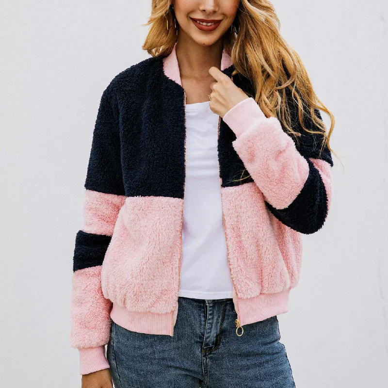 Женская плюшевая куртка на молнии розовая повседневная из искусственного меха в