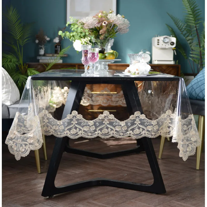 

1pcs Transparent Dining Rectangular Tablecloth PVC Waterproof Birthday Coffee Table Cover Party Embroidery Lace Decoration