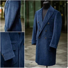 Abrigo de pana azul marino para hombre, chaqueta gruesa y cálida de talla grande, de doble botonadura abrigo largo, informal, Formal, de negocios (3)