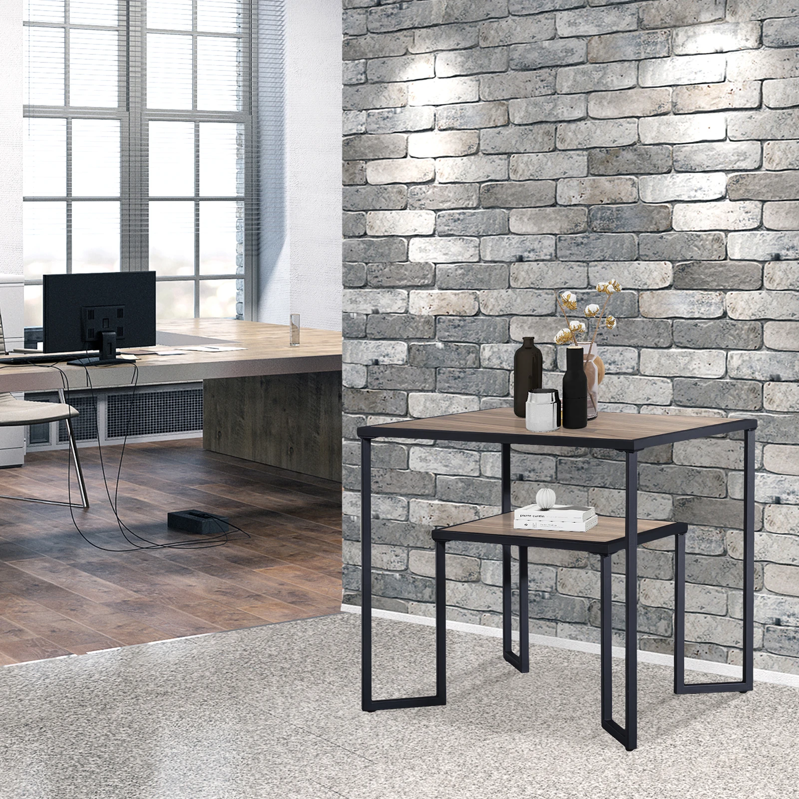

2-Tier End Table with Storage Shelf, Wood Look with Metal Frame