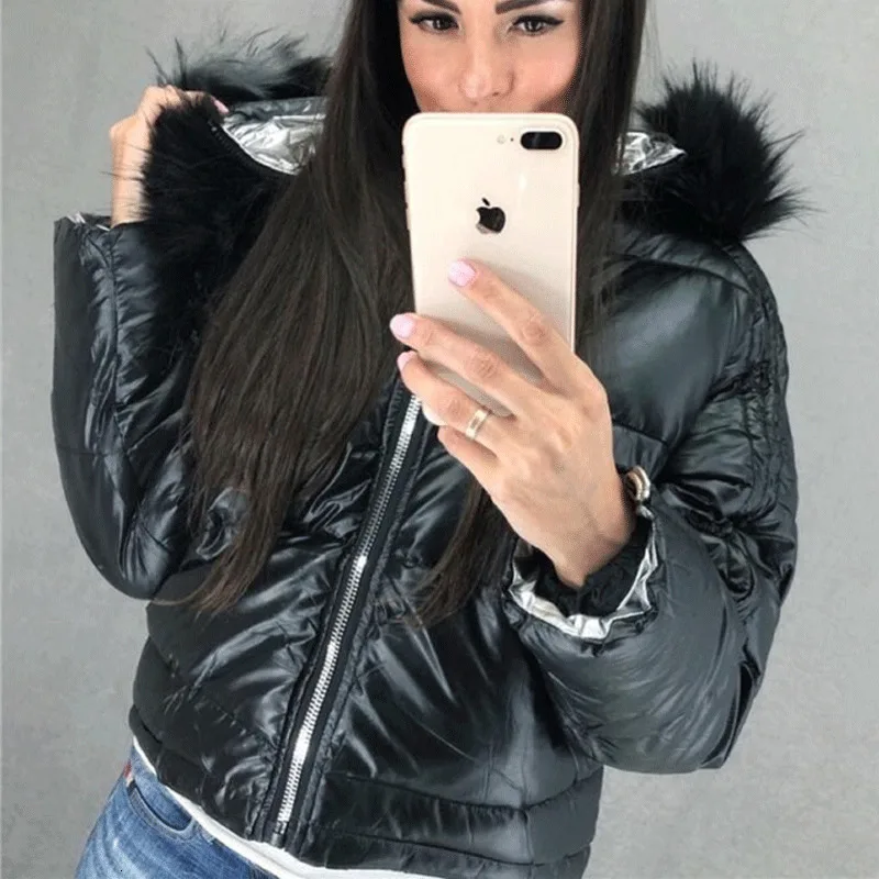 

Hooded Coat Warm Winter Coat Women Short Bright Leather Pink Cotton Coats Parkas Women Winter Jacket Women Parka Fur collar XL