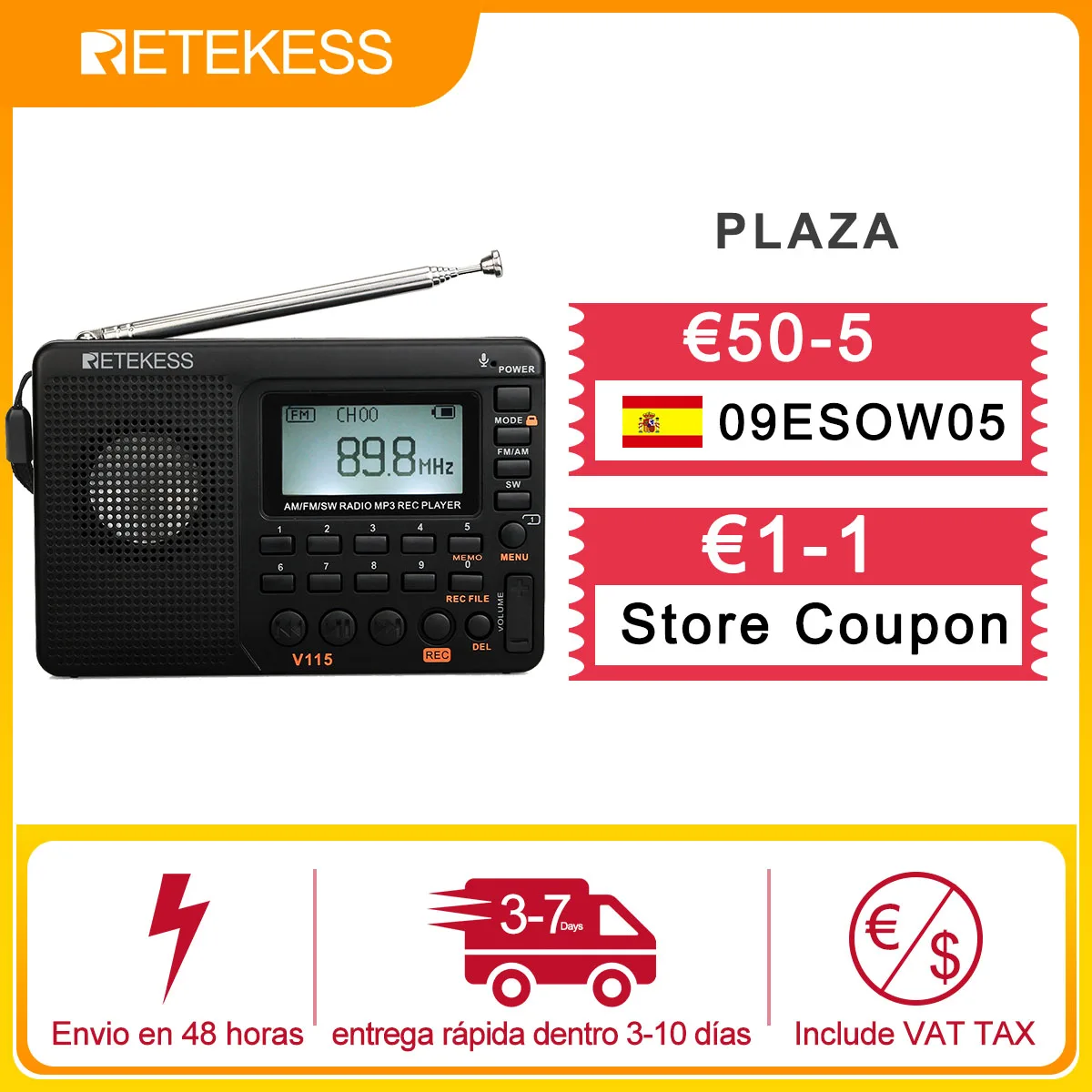 Цифровой радиоприемник Retekess V115 FM/AM/SW с ЖК-дисплеем и таймером сна TF-картой
