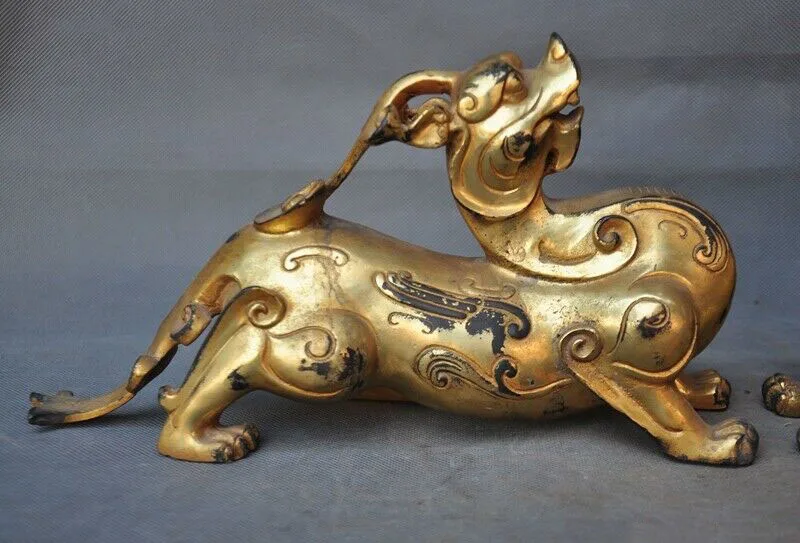 

wedding decoration 12"China Feng Shui bronze Gilt Ancient brave troops Pixiu unicorn statue a Pair