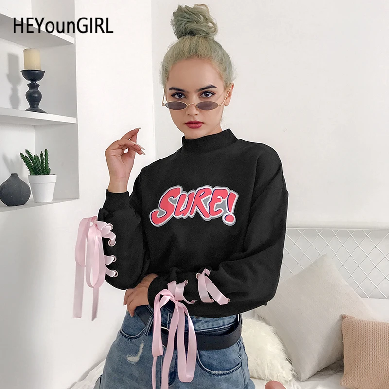 HEYounGIRL Милая Повседневная укороченная толстовка с галстуком-бабочкой с длинным рукавом, женские толстовки с капюшоном, корейские пуловеры с молнией, осень