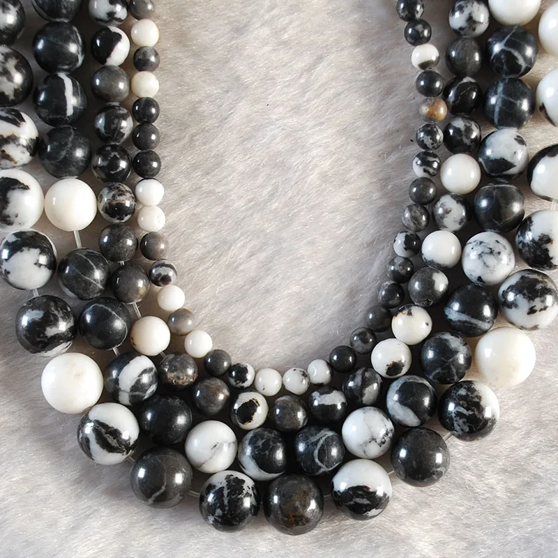 

Wholesale Natural Stone Black and White Zebra Jaspers Round Beads 15" Strand 4 6 8 10 12MM Pick Size For Jewelry Making